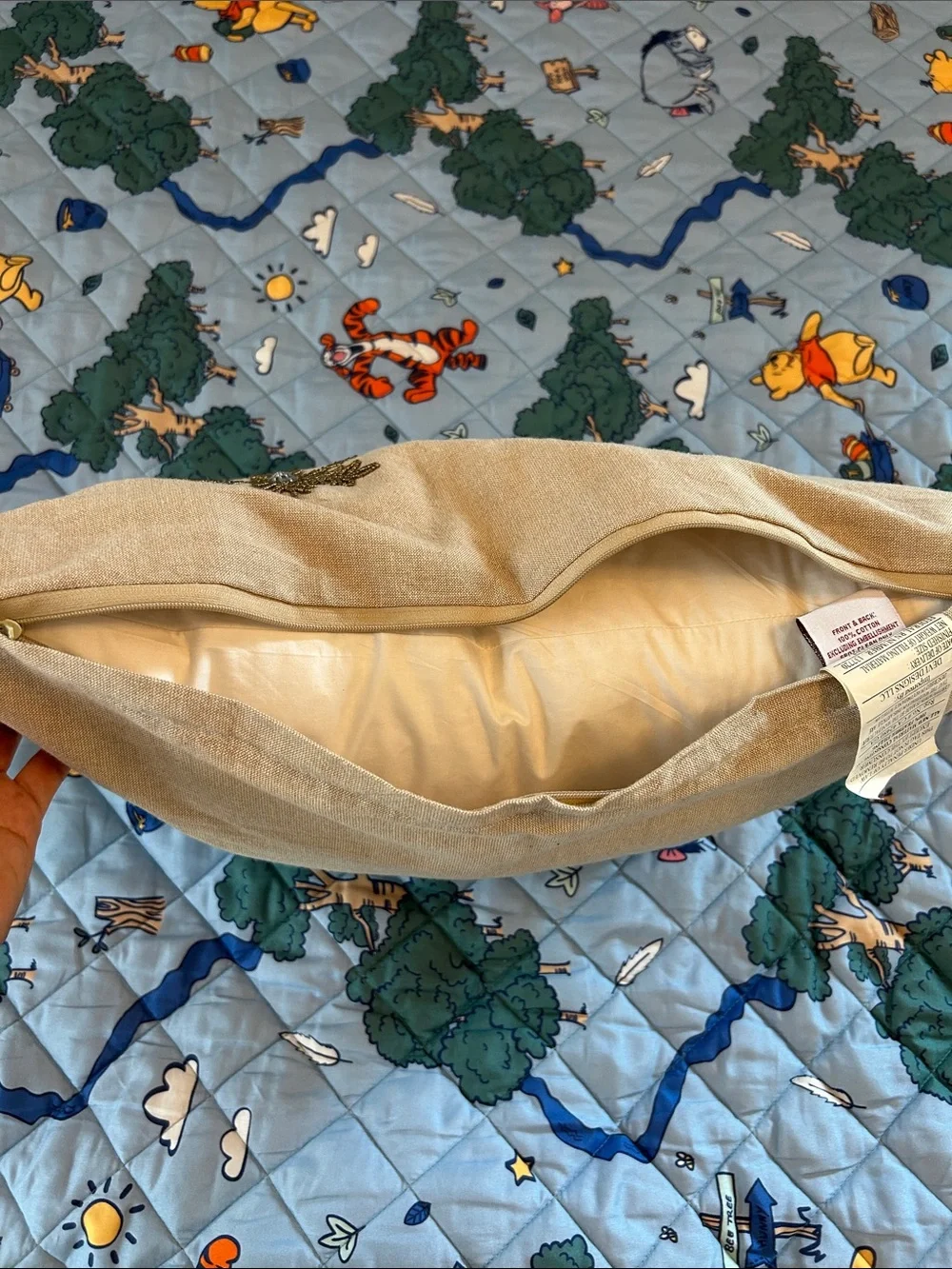 Beige Embellished Holiday Pillow with Metallic Accents